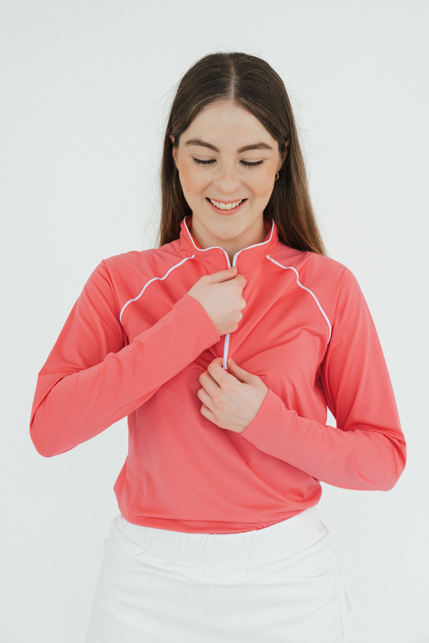 Playera manga larga deportiva coral mujer con cierre Dryfit