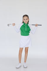 Conjunto de golf para niña con falda blanca y playera verde manga larga 