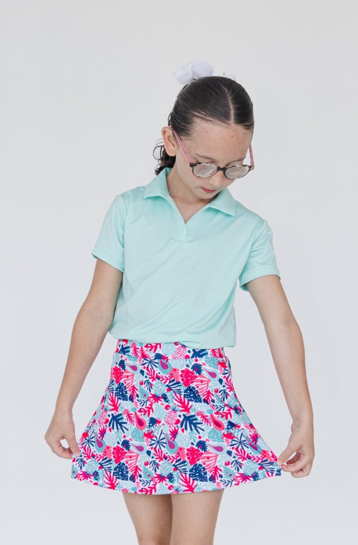 Falda deportiva con estampado floral para niña, ideal para golf, con licra y bolsillo